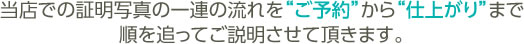 当店での証明写真の一連の流れを“ご予約”から“仕上がり”まで順を追ってご説明させて頂きます。