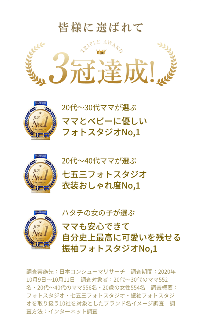 皆様に選ばれて3冠達成！ママとベビーに優しいフォトスタジオNo,1/七五三フォトスタジオ衣装おしゃれ度No,1/ママも安心できて自分史上最高に可愛いを残せる振袖フォトスタジオNo,1