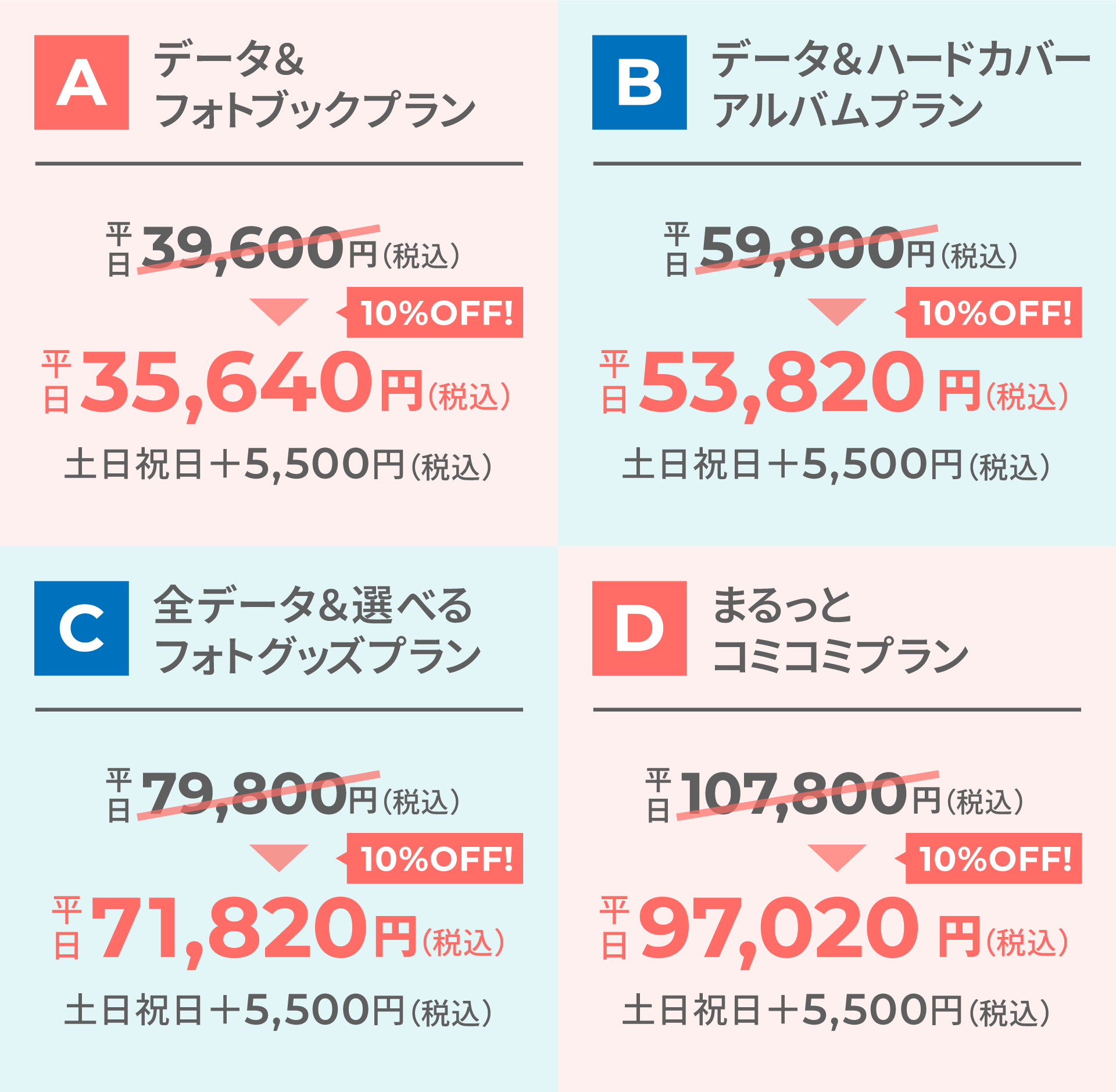 プランA「データ＆フォトブックプラン」平日35,640円（税込）土日祝日＋5,500円（税込）　プランB「データ＆ハードカバーアルバムプラン」平日53,820円（税込）土日祝日＋5,500円（税込）
