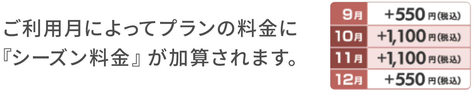 ご利用月によってプランの料金に『シーズン料金』が加算されます。