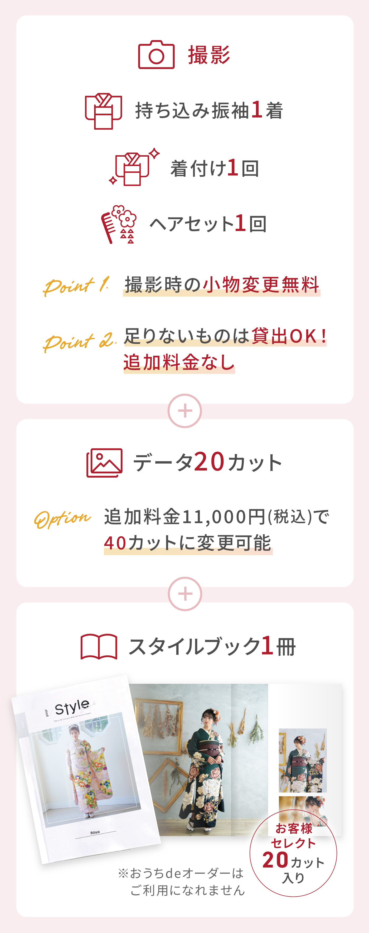 持ち込み振袖1着＋着付け1回＋ヘアセット1回＋データ20カット